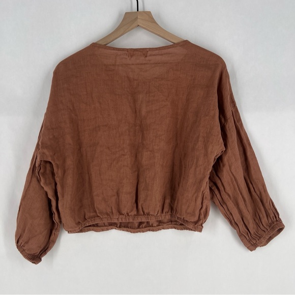BELLA DAHL Linen Tie Front Peasant‎ Top Terracotta Brown Size M - Picture 10 of 11